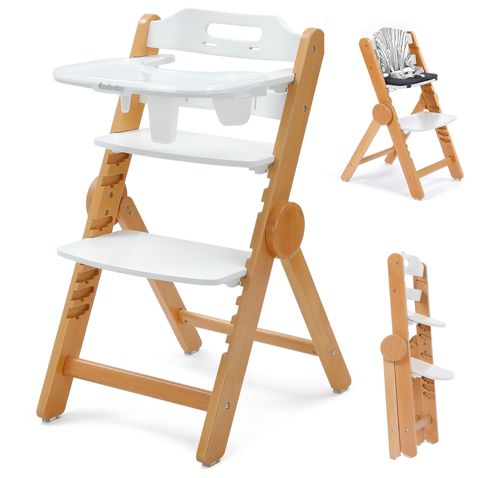 Ezebaby White Foldable Wooden High Chair for Babies and Toddlers with Adjustable Seat and Footrest Heights